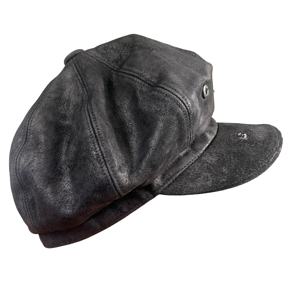 Vintage Mens Black Distressed Leather Newsboy Cap Driver Hat Medium